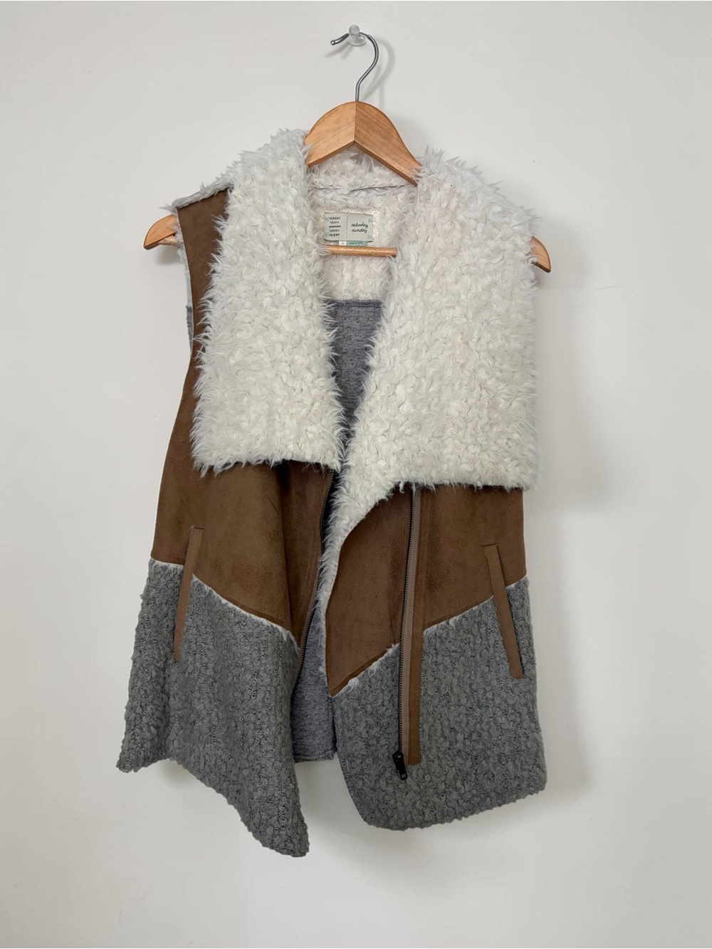 Saturday Sunday Anthropologie Faux Suede & Shearling Moto Vest Brown Gray S